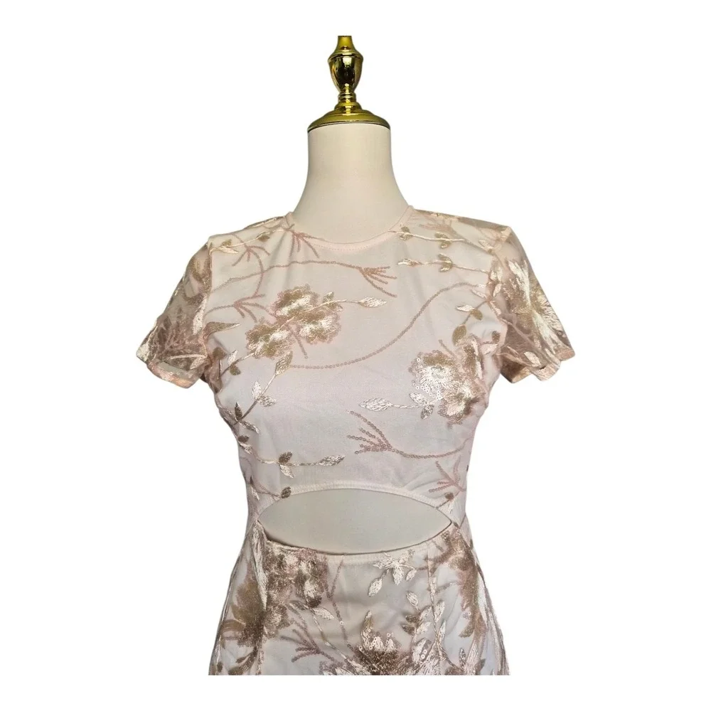 Lucy In‎ The Sky Floral Sequin Embroidered Mesh Mini Dress Open Back Cutout S